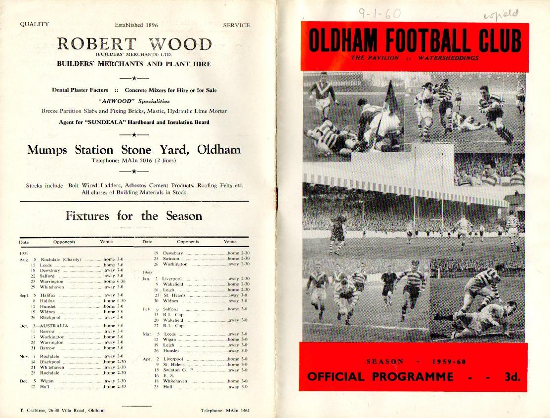 Programme cover: Oldham v Wakefield Trinity, 9 January 1960