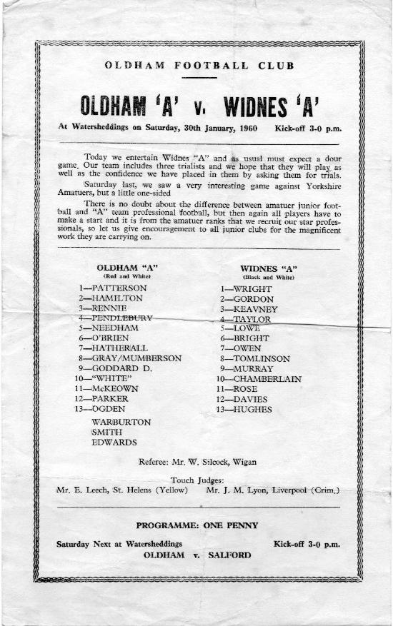 Programme cover: Oldham v Widnes, 30 January 1960