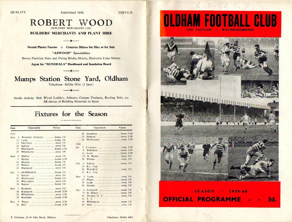 Programme cover: Oldham v Salford, 6 February 1960