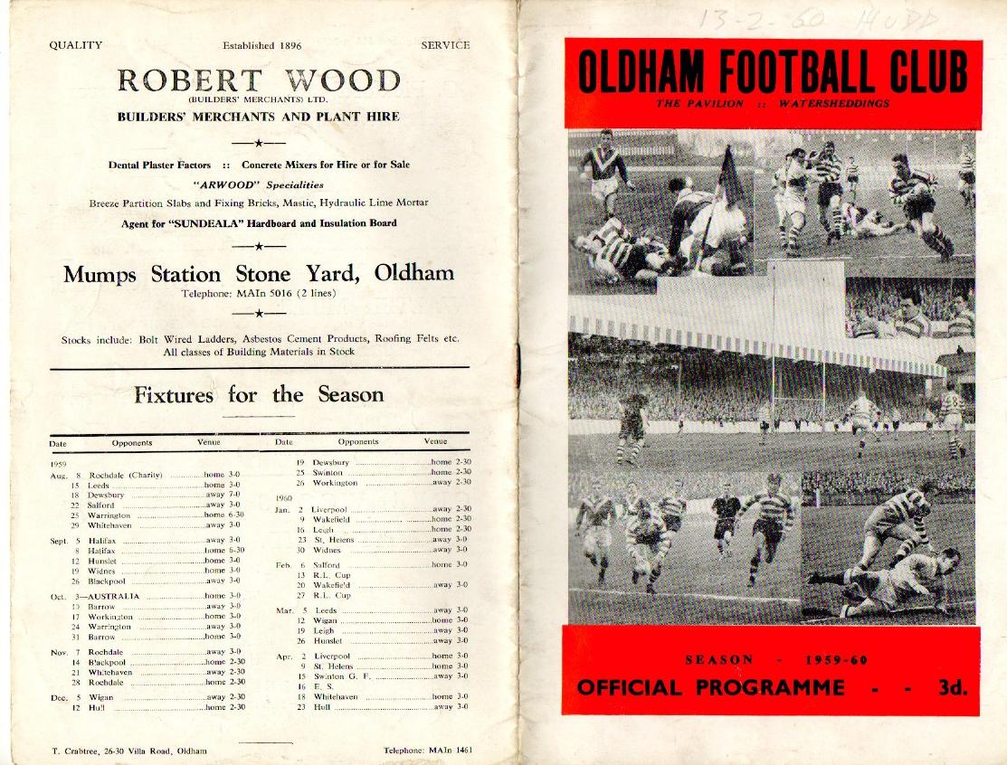 Programme cover: Oldham v Huddersfield, 13 February 1960