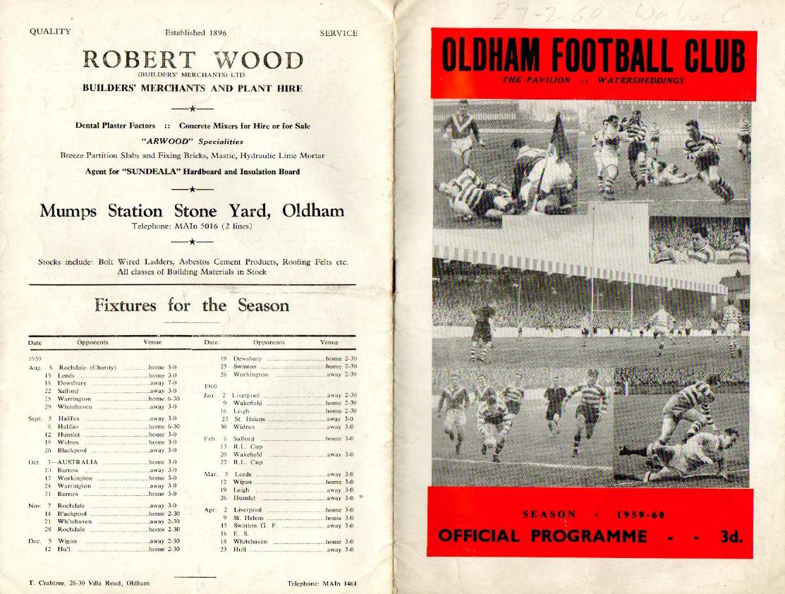 Programme cover: Oldham v Walney Central, 27 February 1960