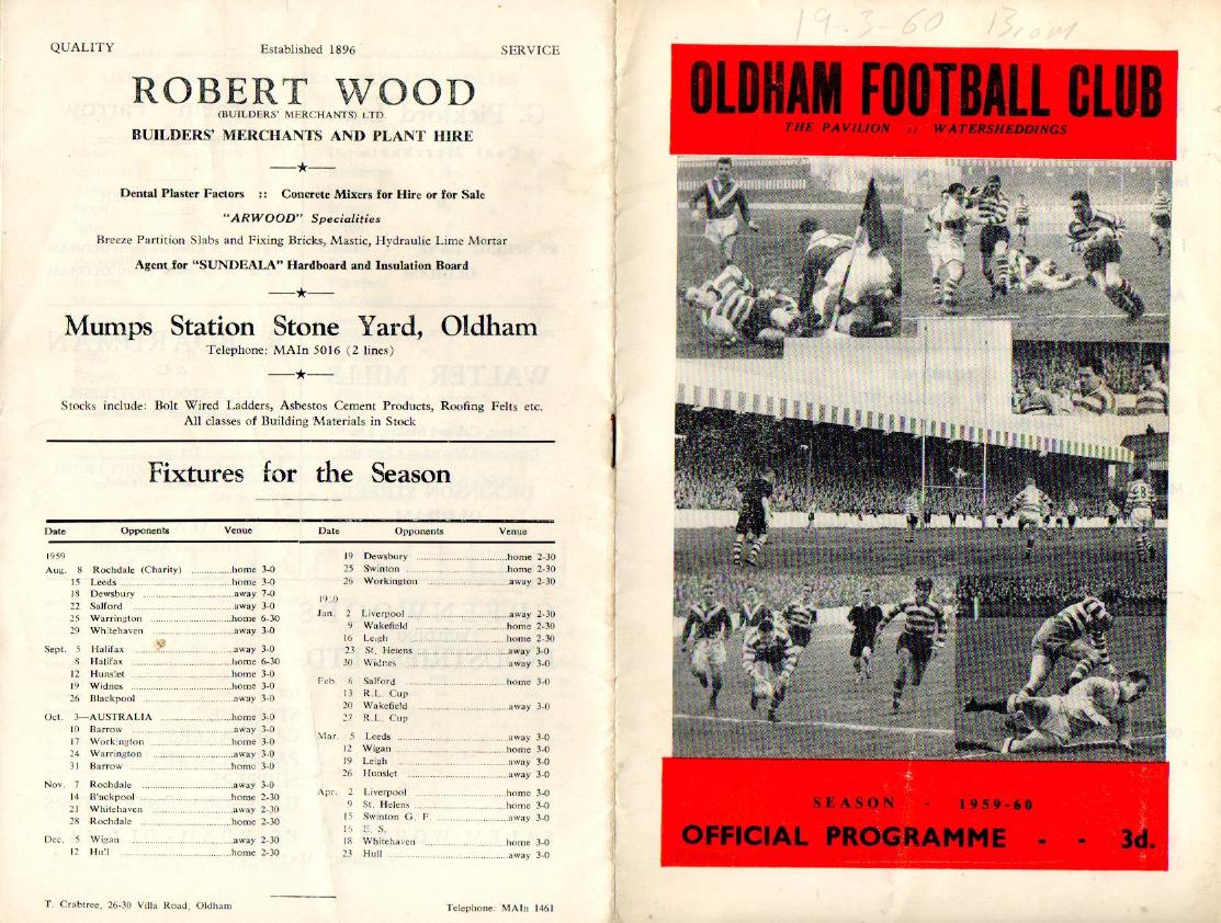 Programme cover: Oldham v Bramley, 19 March 1960