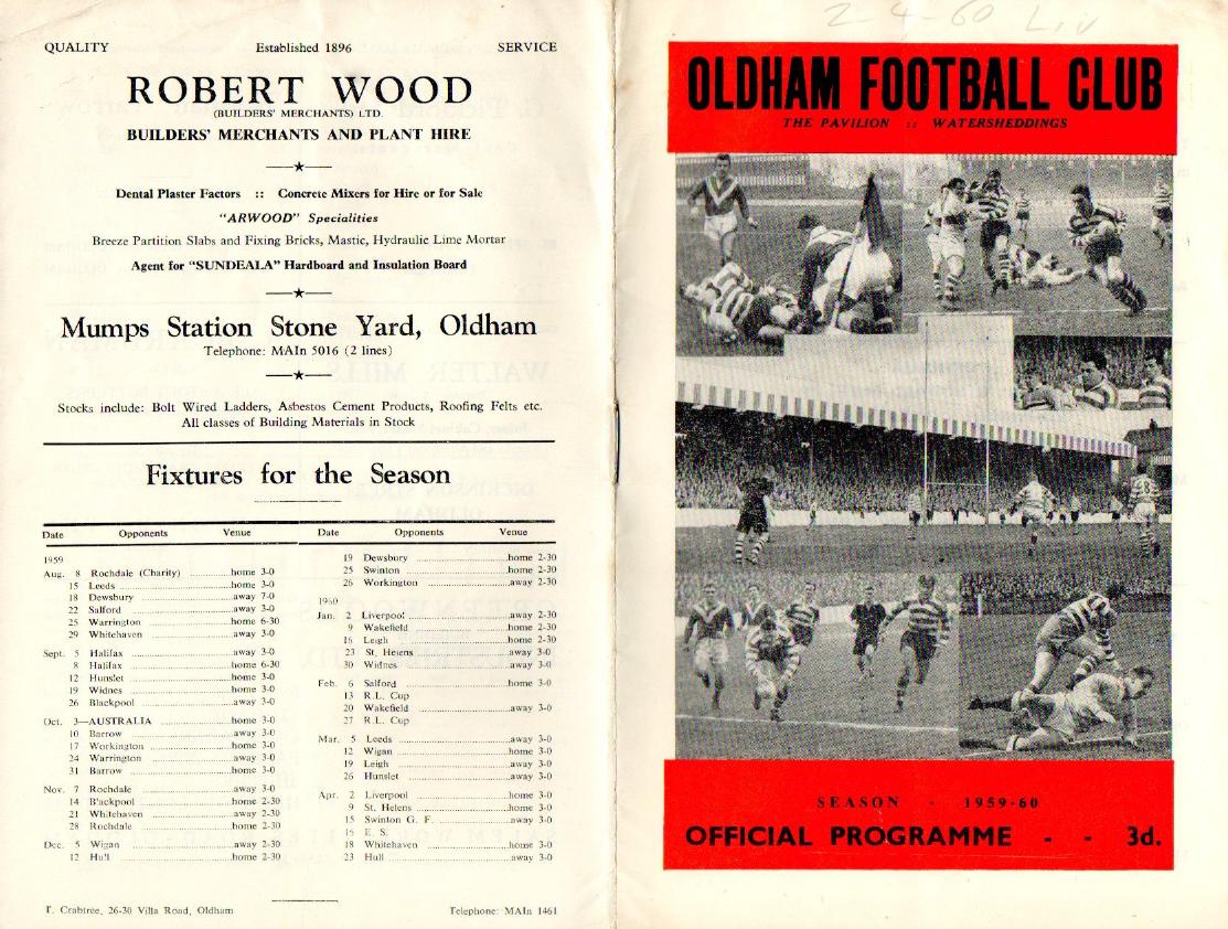 Programme cover: Oldham v Liverpool City, 2 April 1960