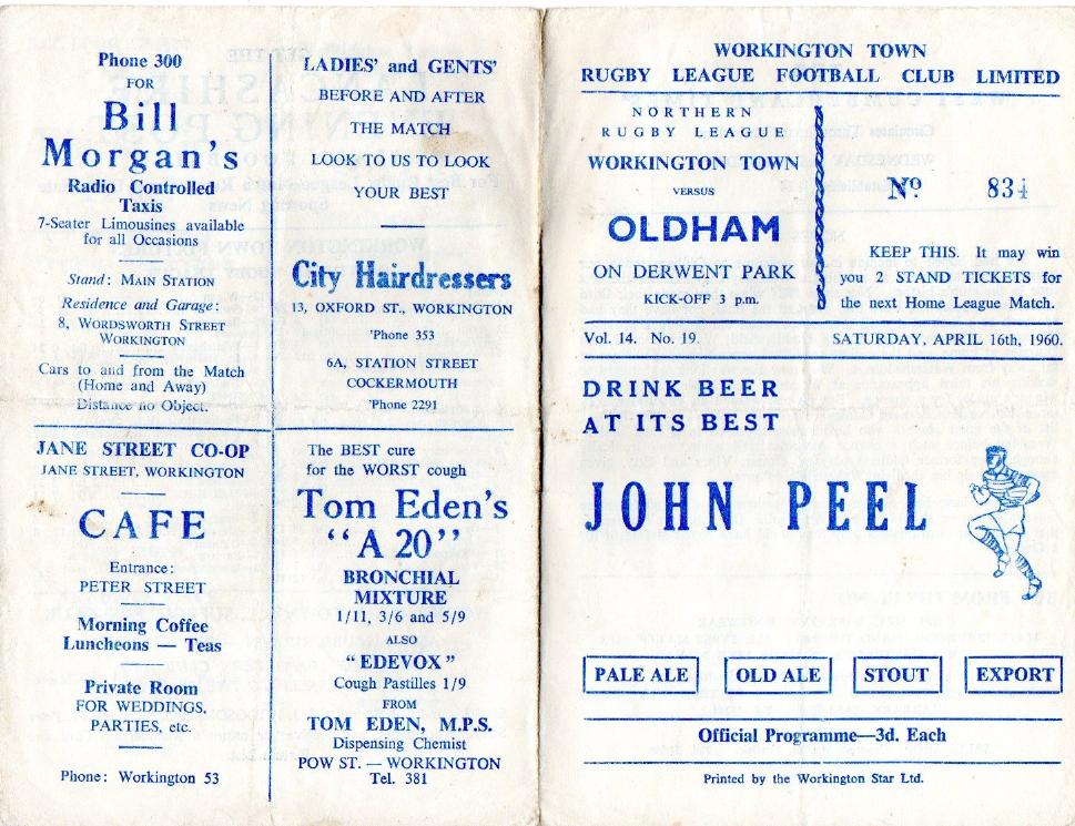 Programme cover: Oldham v Workington Town, 16 April 1960