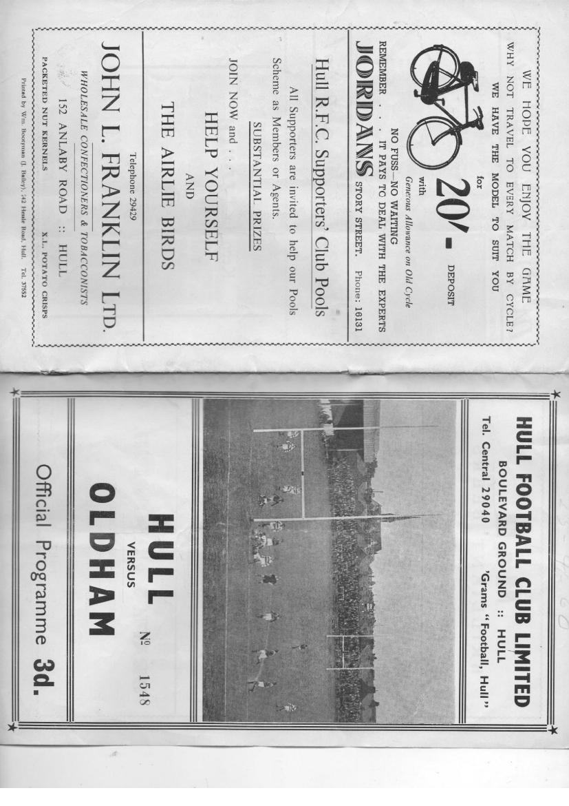 Programme cover: Oldham v Hull FC, 23 April 1960