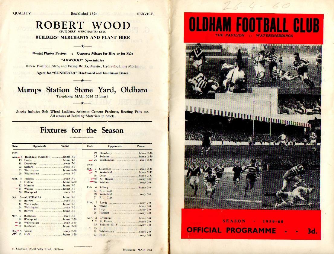 Programme cover: Oldham v St Helens, 26 April 1960