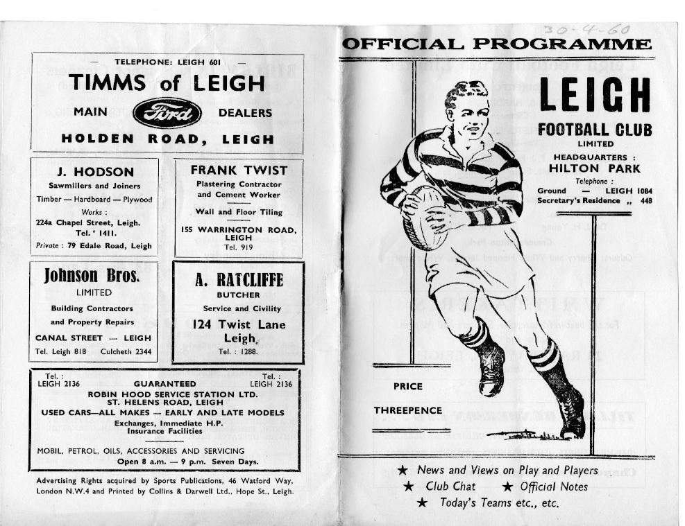 Programme cover: Oldham v Leigh, 30 April 1960