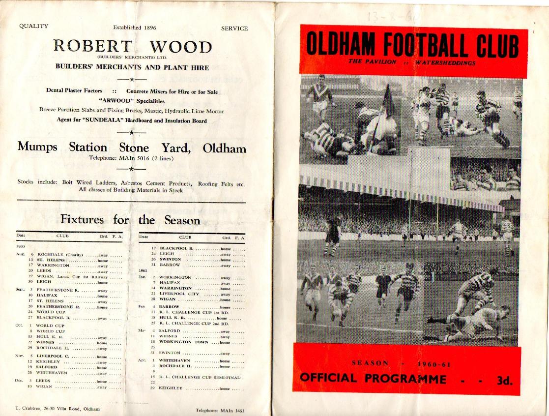 Programme cover: Oldham v St Helens, 13 August 1960
