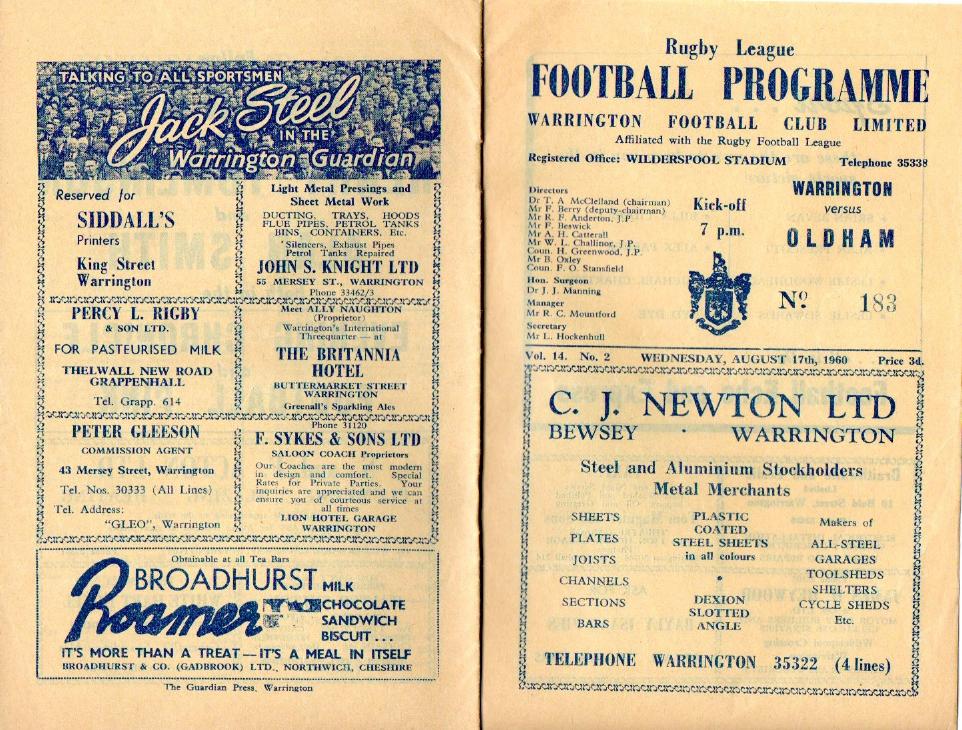 Programme cover: Oldham v Warrington, 17 August 1960