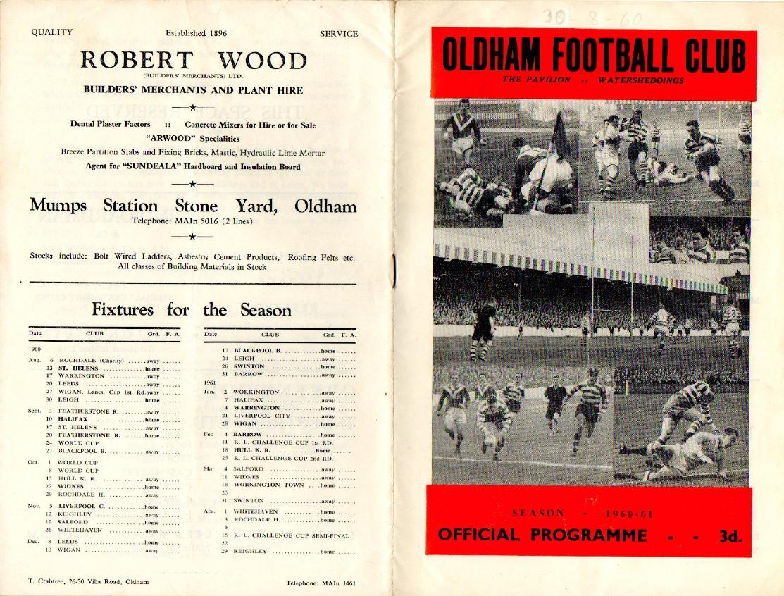 Programme cover: Oldham v Leigh, 30 August 1960