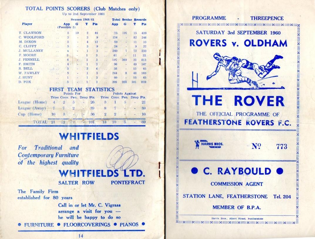 Programme cover: Oldham v Featherstone Rovers, 3 September 1960