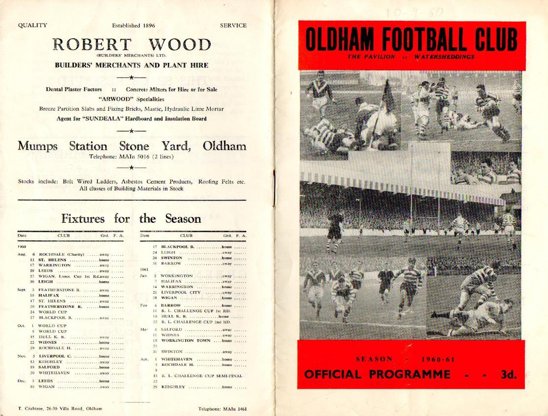 Programme cover: Oldham v Halifax, 10 September 1960