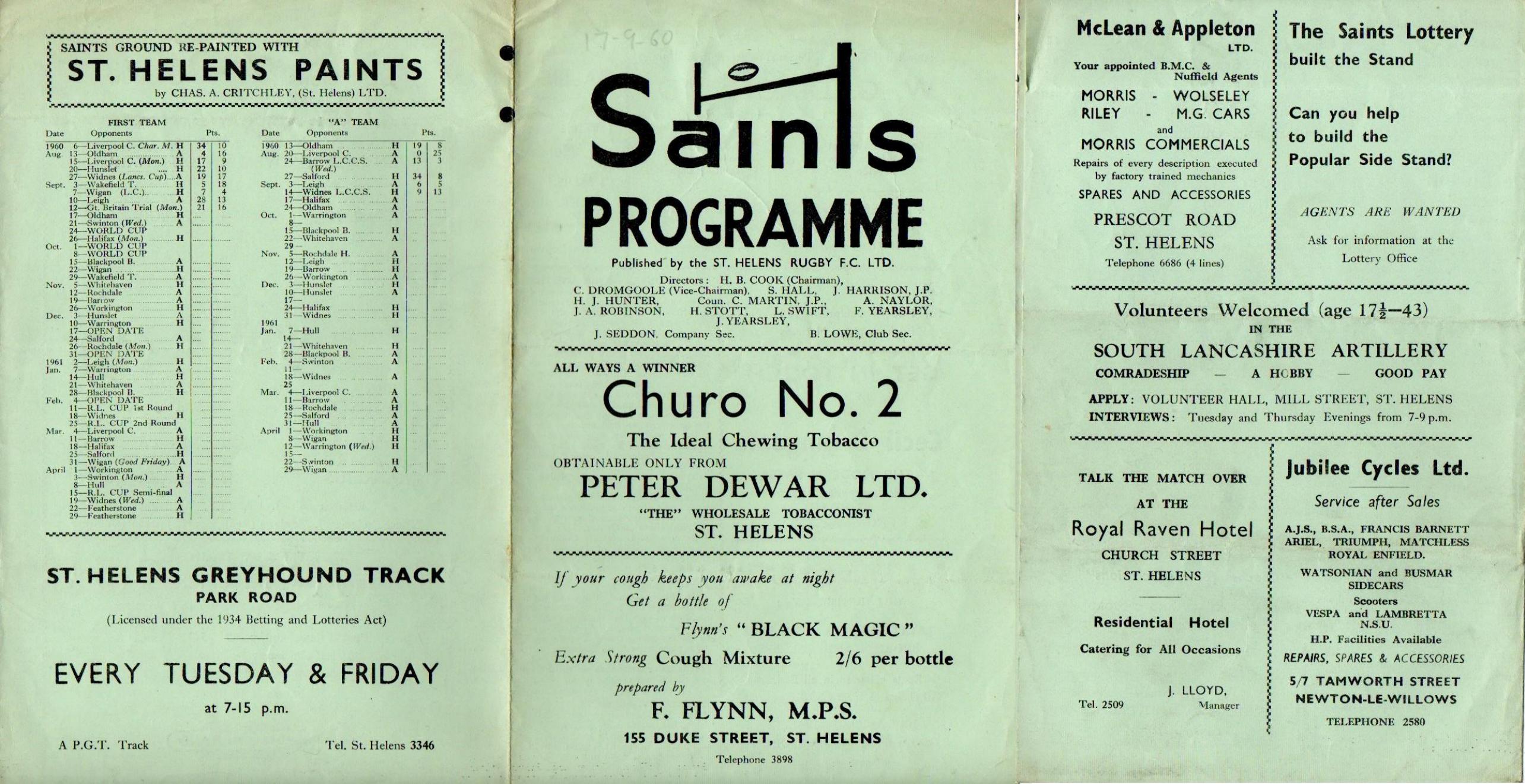 Programme cover: Oldham v St Helens, 17 September 1960