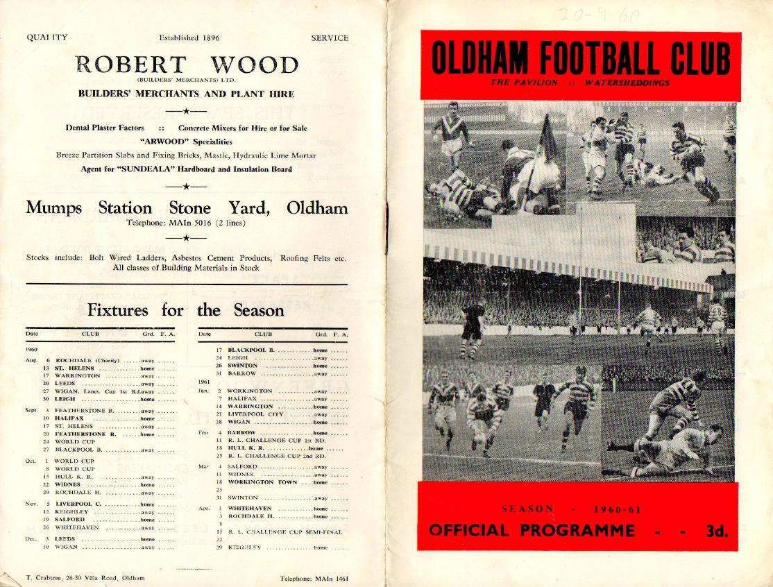 Programme cover: Oldham v Featherstone Rovers, 20 September 1960