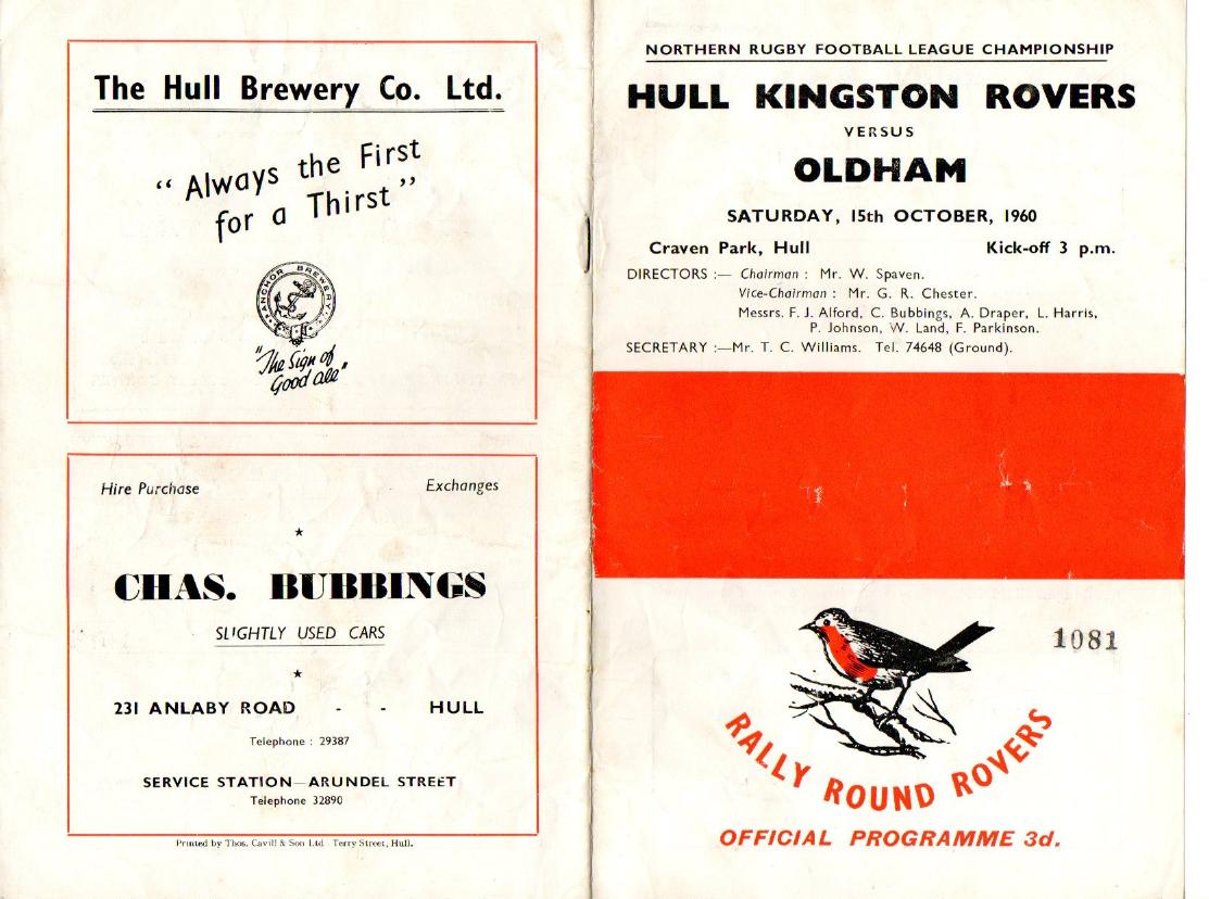 Programme cover: Oldham v Hull Kingston Rovers, 15 October 1960