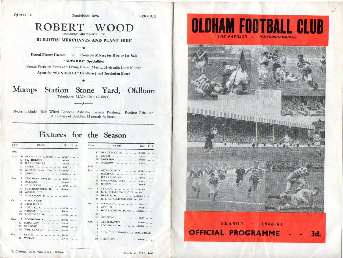 Programme cover: Oldham v Salford, 19 November 1960
