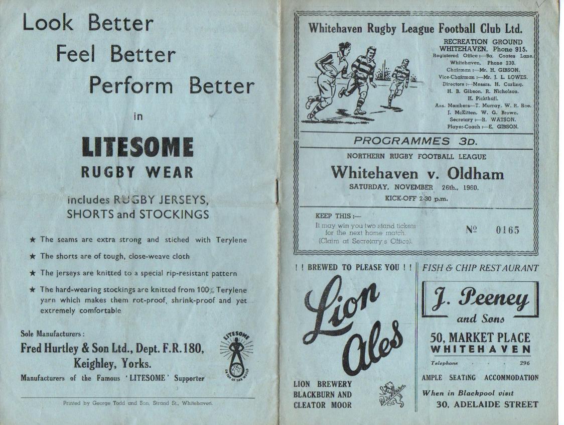 Programme cover: Oldham v Whitehaven, 26 November 1960