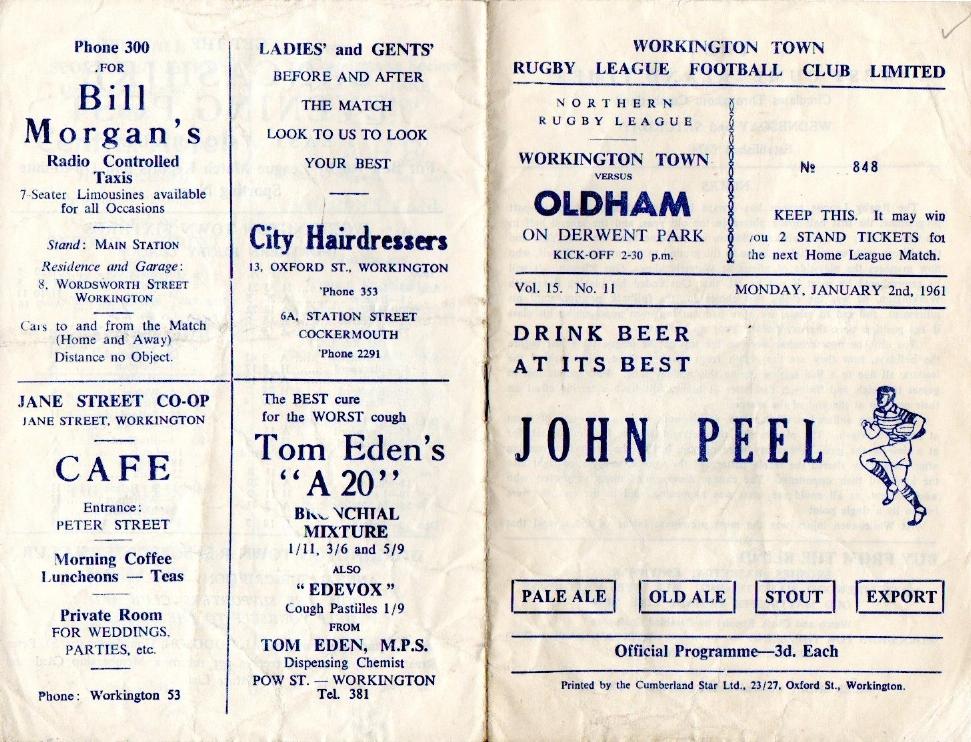 Programme cover: Oldham v Workington Town, 2 January 1961