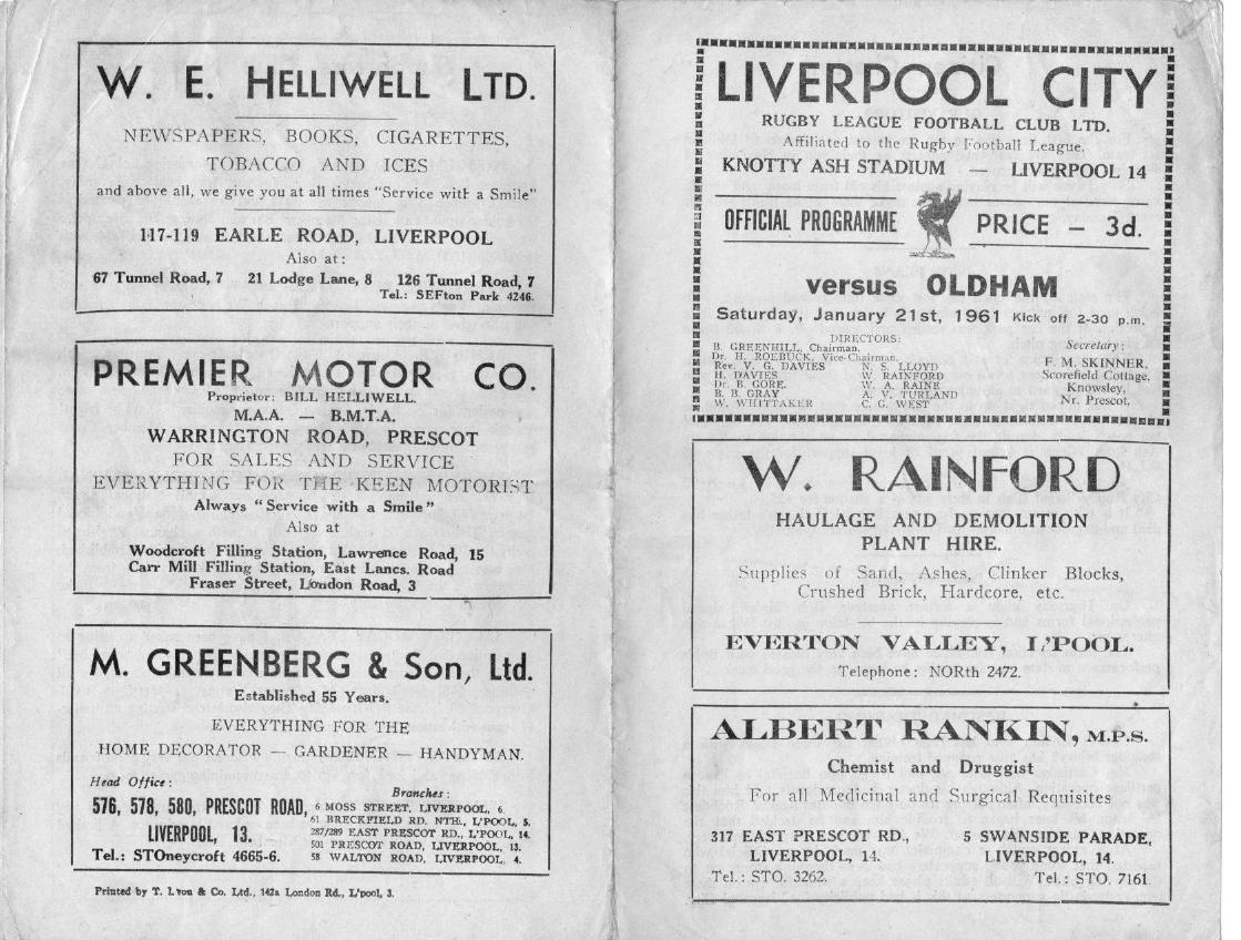 Programme cover: Oldham v Liverpool City, 21 January 1961