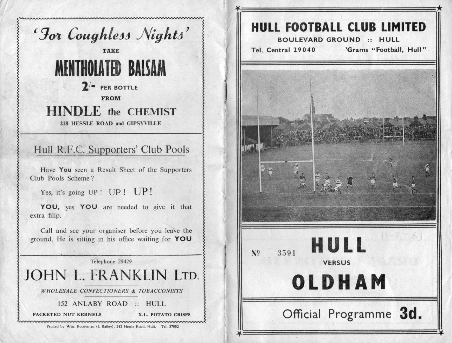 Programme cover: Oldham v Hull FC, 11 February 1961
