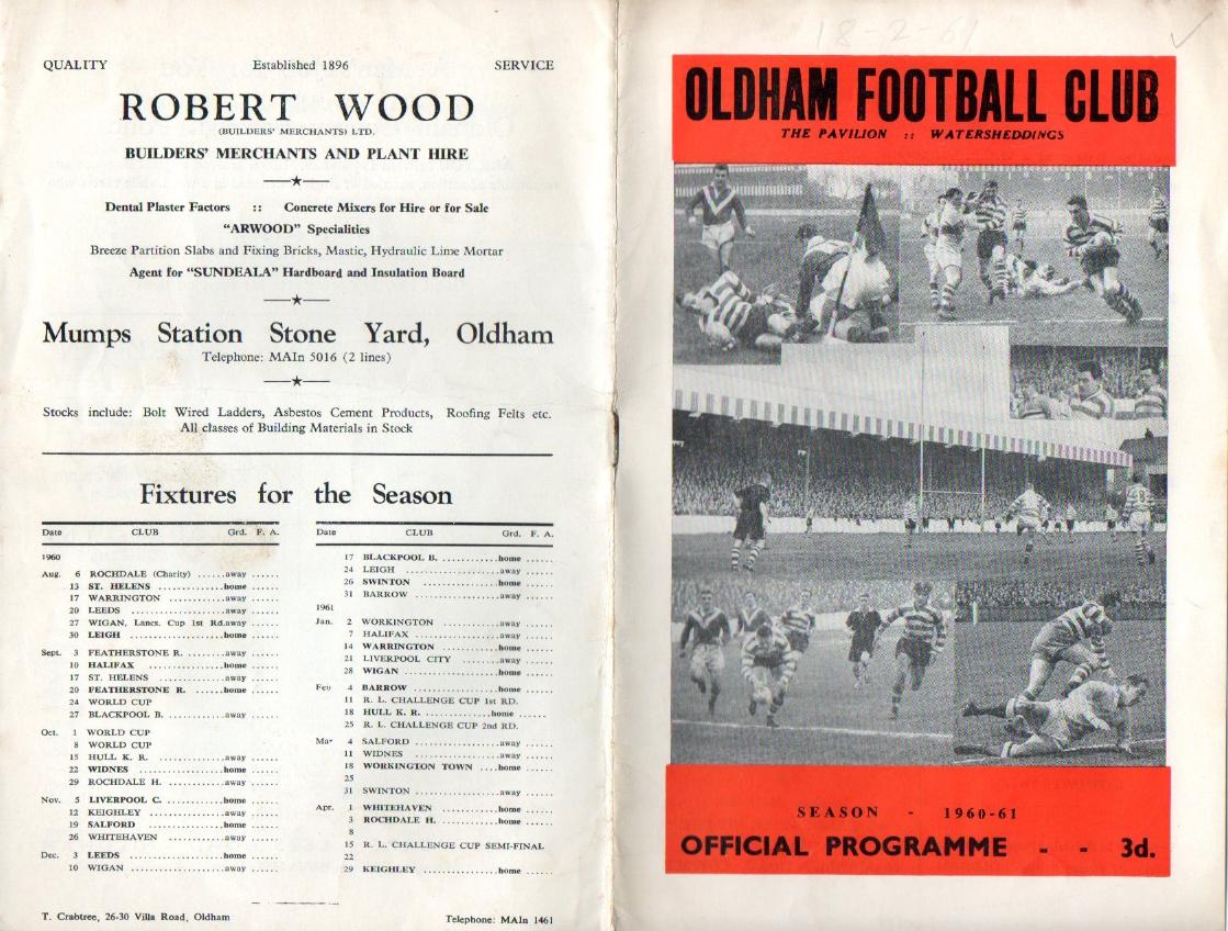 Programme cover: Oldham v Hull Kingston Rovers, 18 February 1961