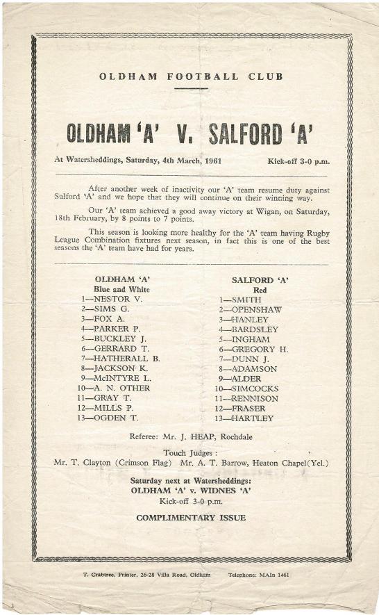 Programme cover: Oldham v Salford, 4 March 1961