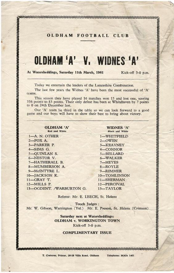 Programme cover: Oldham v Widnes, 11 March 1961