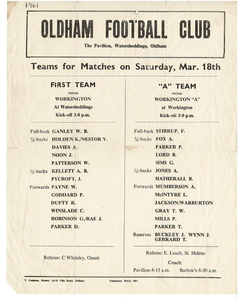 Programme cover: Oldham v Workington Town, 18 March 1961