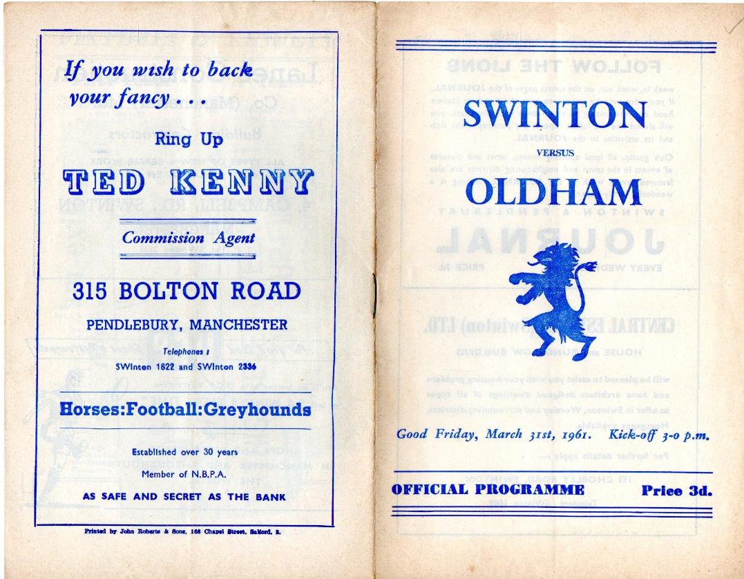Programme cover: Oldham v Swinton, 31 March 1961