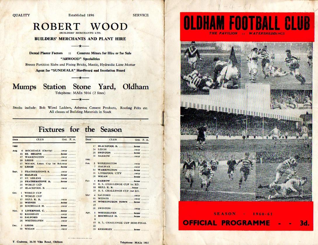 Programme cover: Oldham v Whitehaven, 1 April 1961