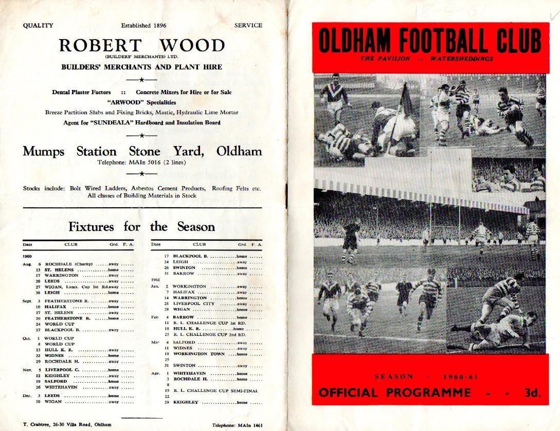 Programme cover: Oldham v Warrington, 18 April 1961