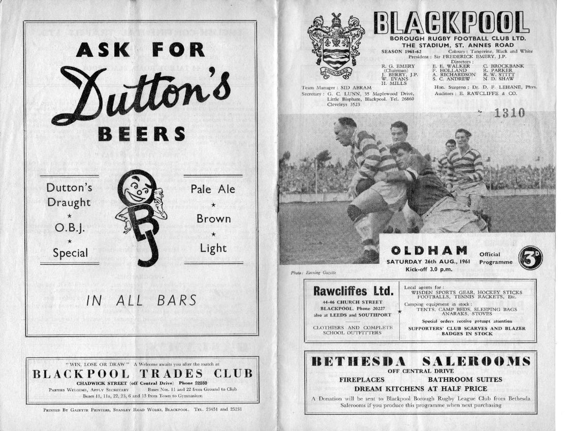 Programme cover: Oldham v Blackpool Borough, 26 August 1961