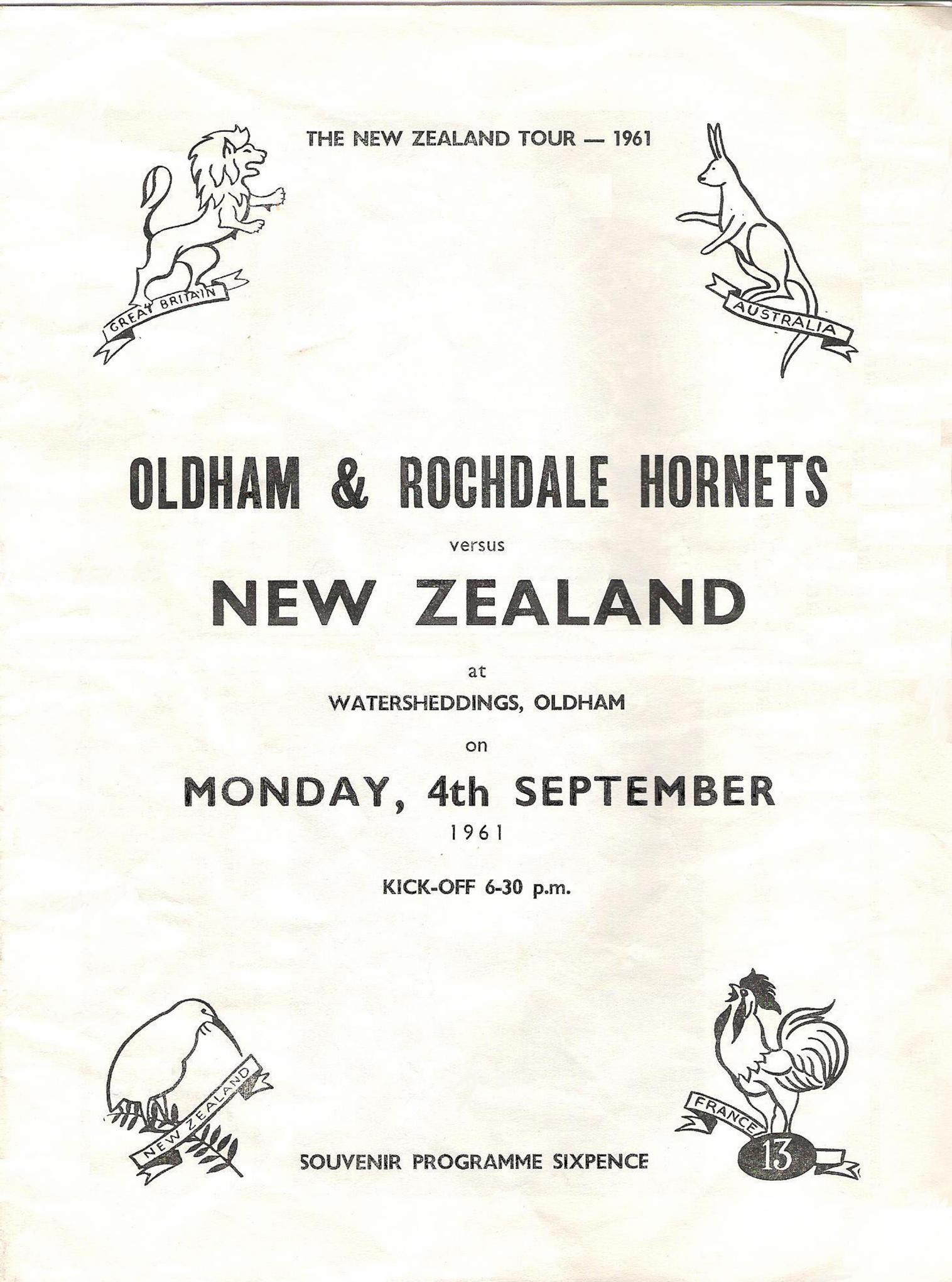 Programme cover: Oldham & Rochdale v New Zealand, 4 September 1961
