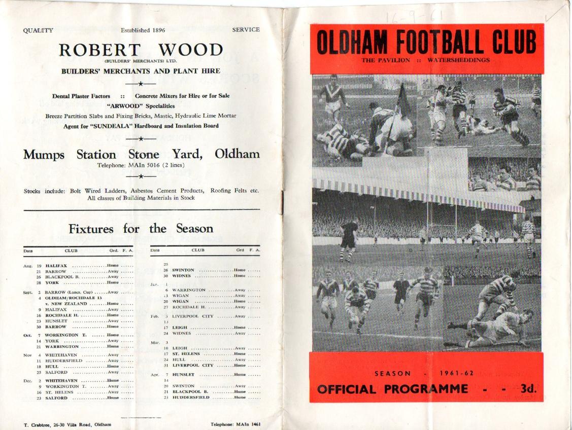 Programme cover: Oldham v Rochdale Hornets, 16 September 1961