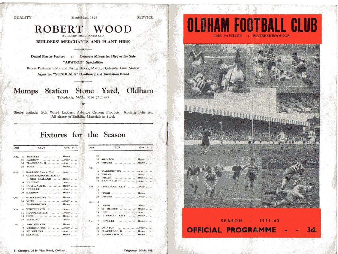 Programme cover: Oldham v Barrow, 30 September 1961