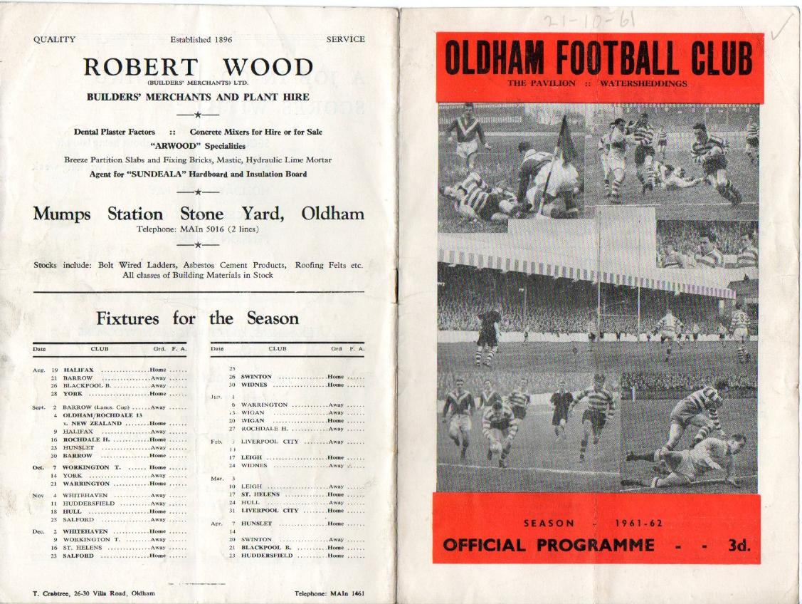 Programme cover: Oldham v Warrington, 21 October 1961