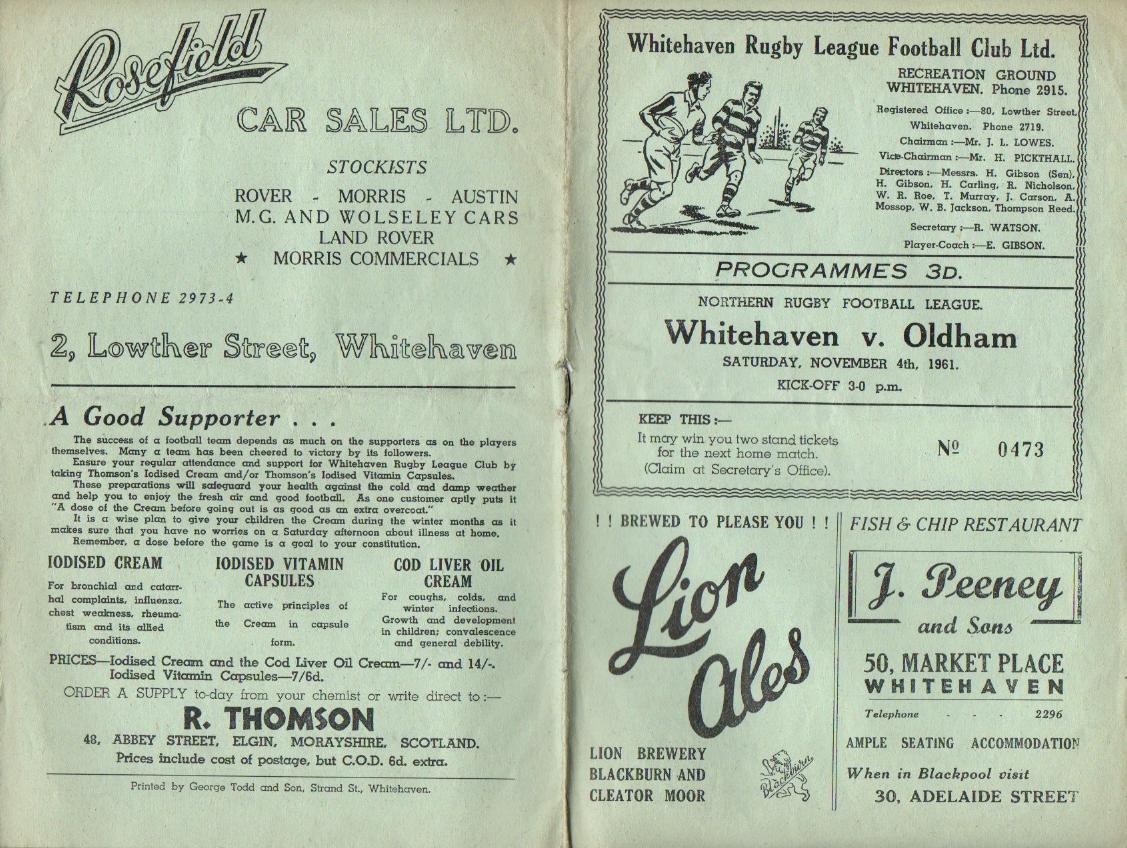 Programme cover: Oldham v Whitehaven, 4 November 1961