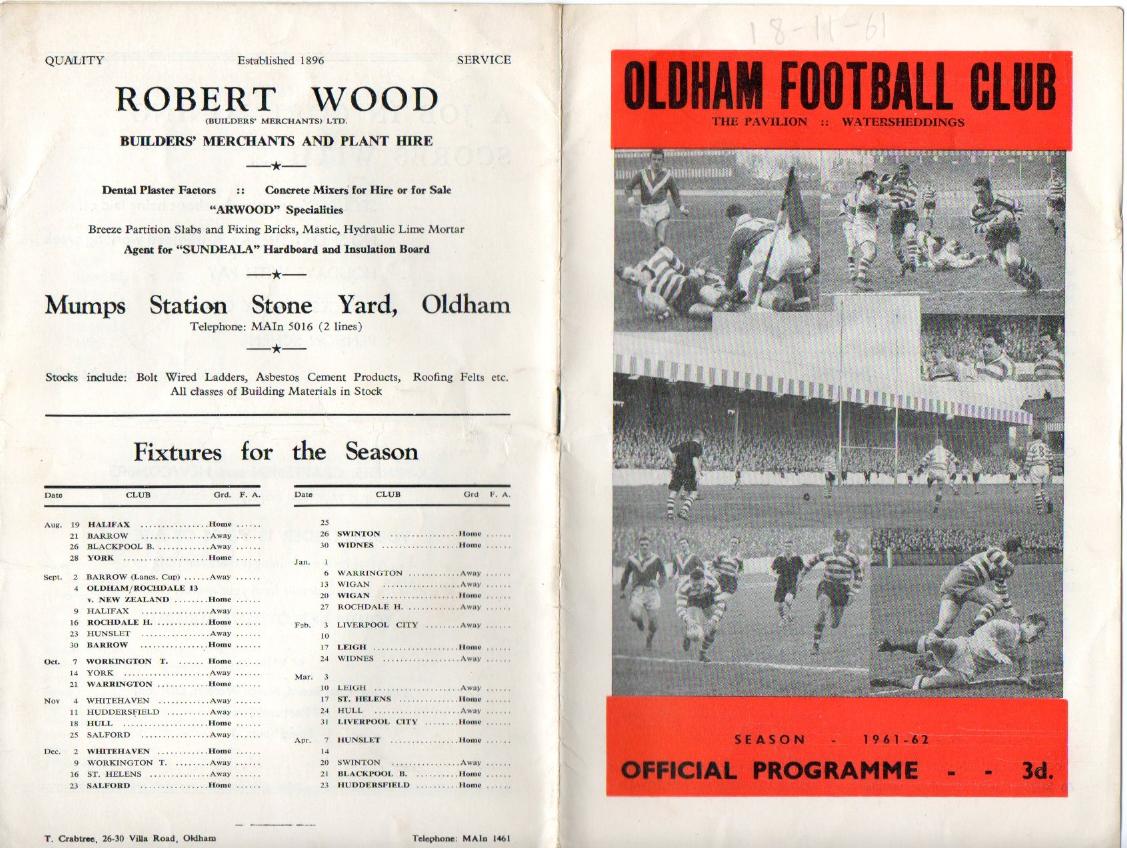 Programme cover: Oldham v Hull FC, 18 November 1961
