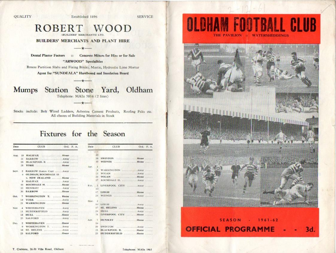 Programme cover: Oldham v Whitehaven, 2 December 1961