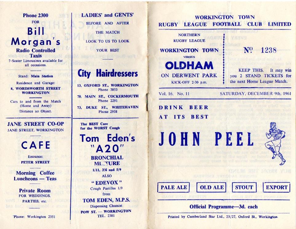 Programme cover: Oldham v Workington Town, 9 December 1961