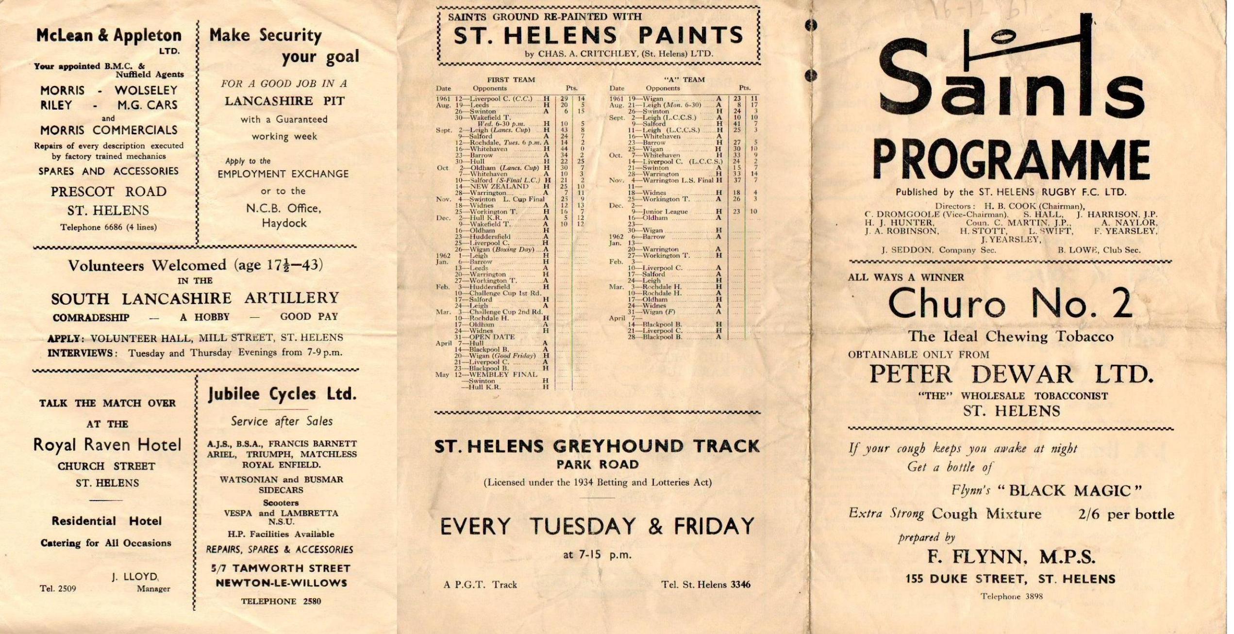 Programme cover: Oldham v St Helens, 16 December 1961
