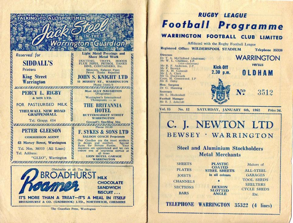Programme cover: Oldham v Warrington, 6 January 1962