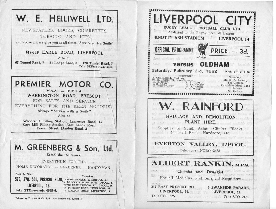 Programme cover: Oldham v Liverpool City, 3 February 1962