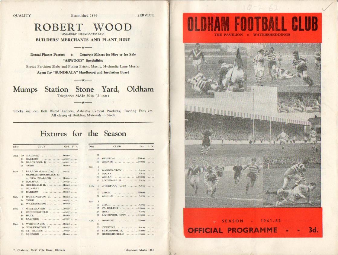 Programme cover: Oldham v Hull FC, 10 February 1962