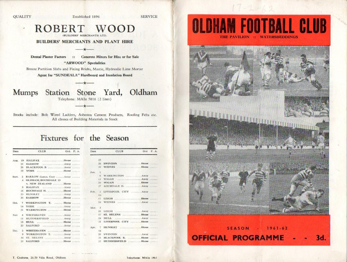 Programme cover: Oldham v Leigh, 17 February 1962