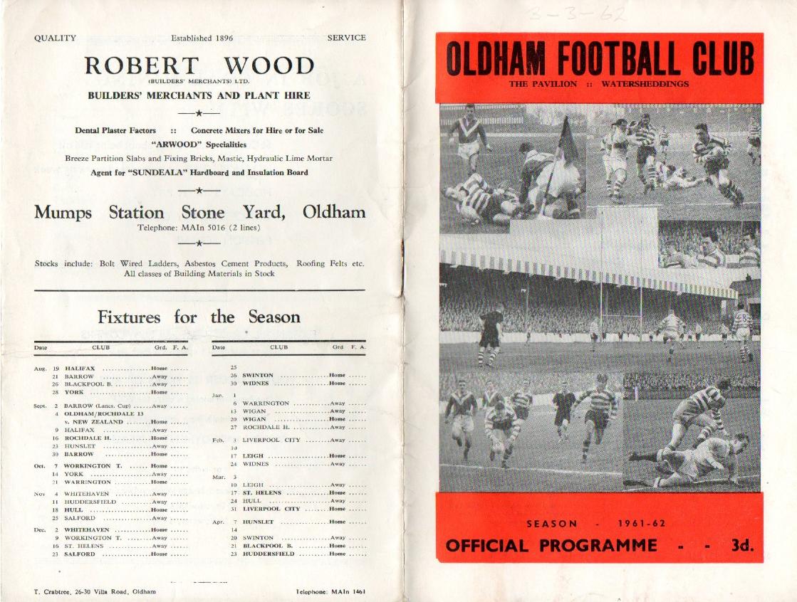 Programme cover: Oldham v Workington Town, 3 March 1962