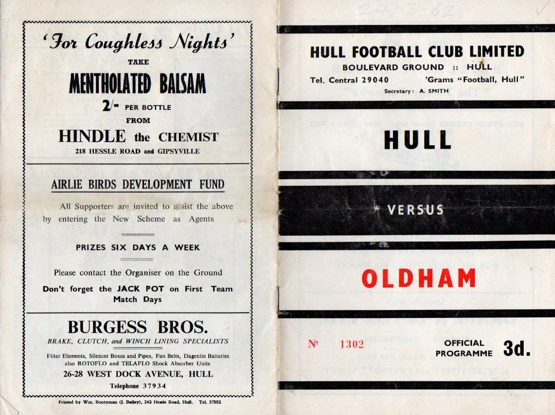 Programme cover: Oldham v Hull FC, 24 March 1962