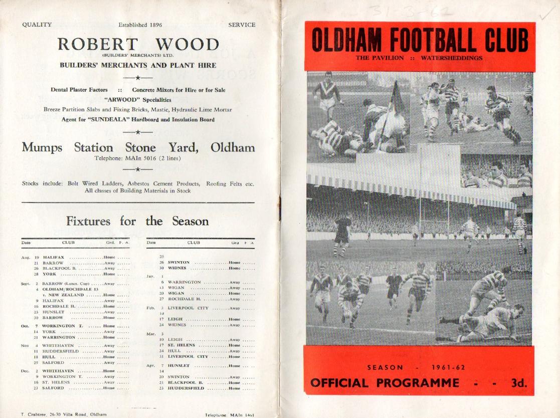 Programme cover: Oldham v Liverpool City, 31 March 1962