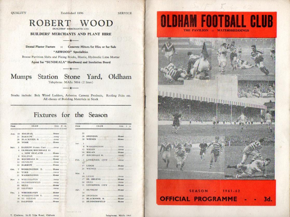 Programme cover: Oldham v Salford, 5 April 1962