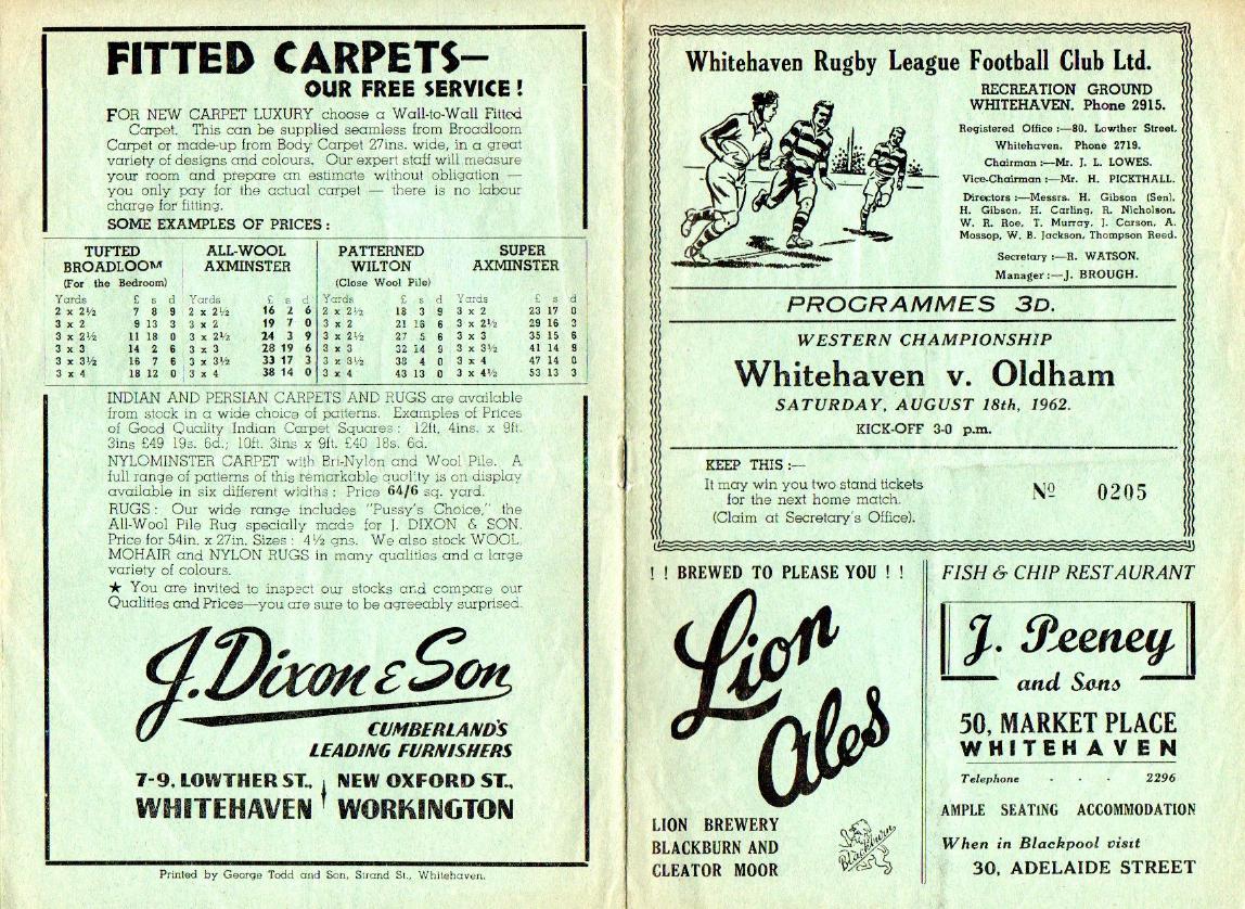 Programme cover: Oldham v Whitehaven, 18 August 1962